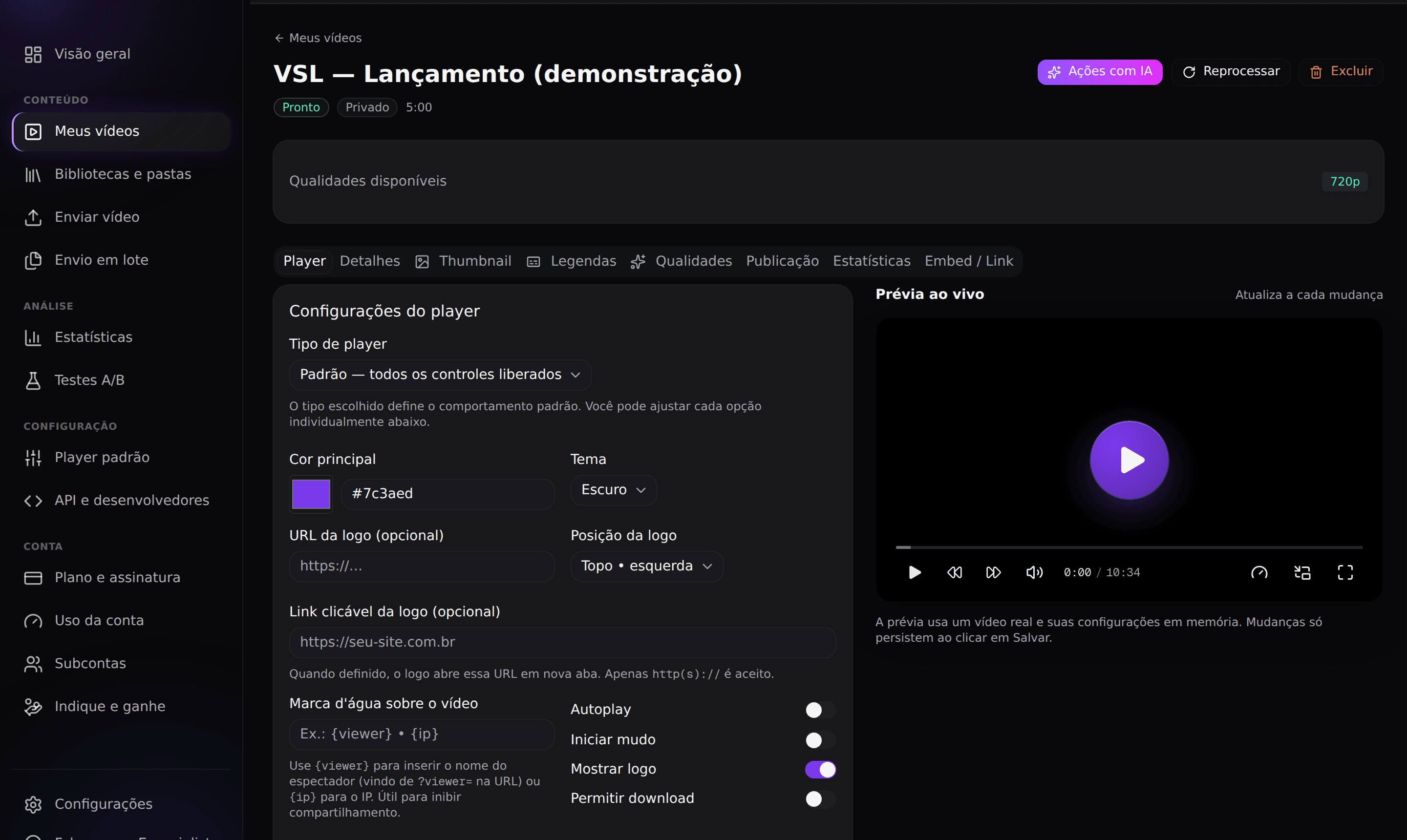 Aba Player do vídeo no TurboPlay com tipo de player, cor, logo, opções de reprodução e prévia ao vivo