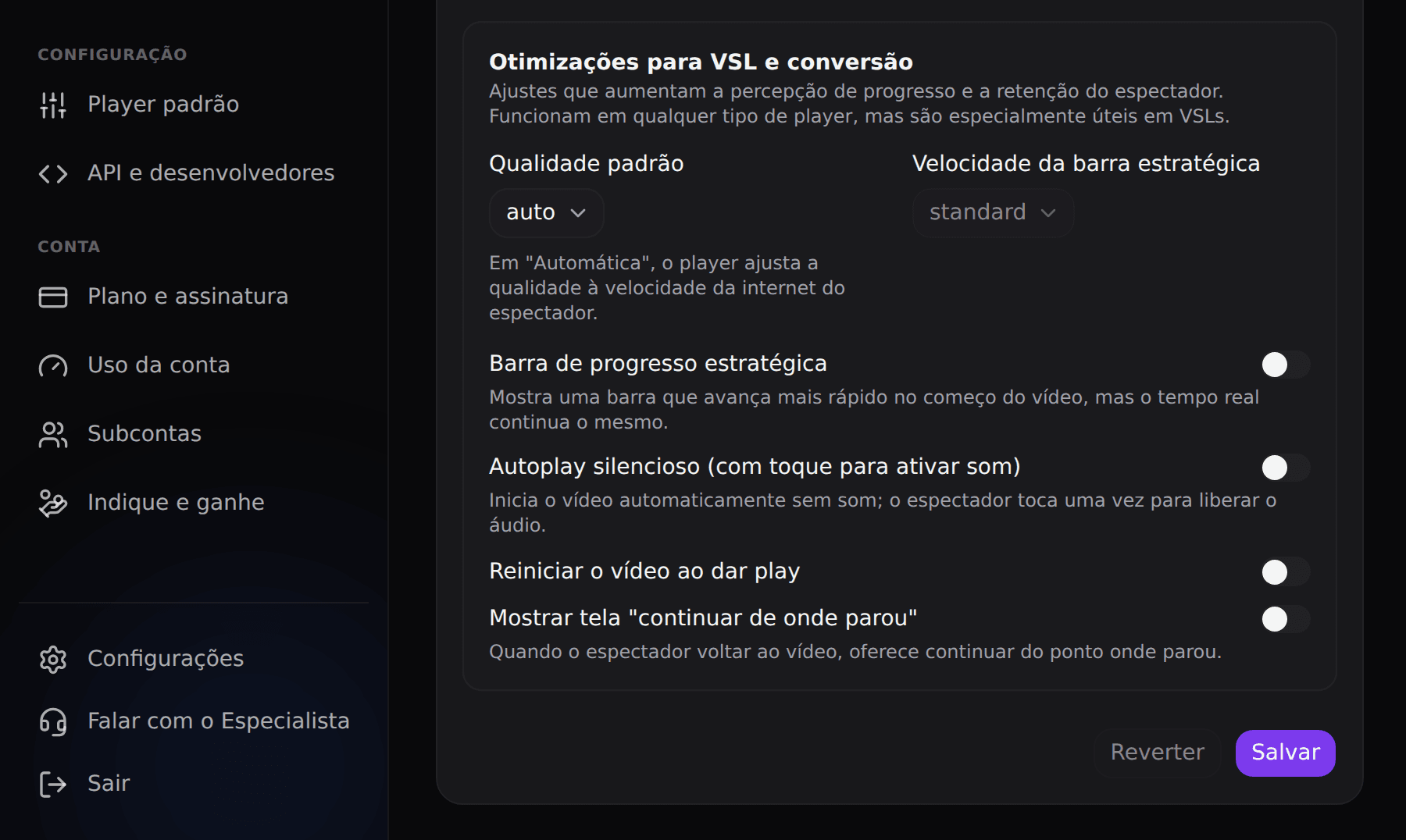 Seção Otimizações para VSL e conversão com barra de progresso estratégica, velocidade da curva e autoplay silencioso